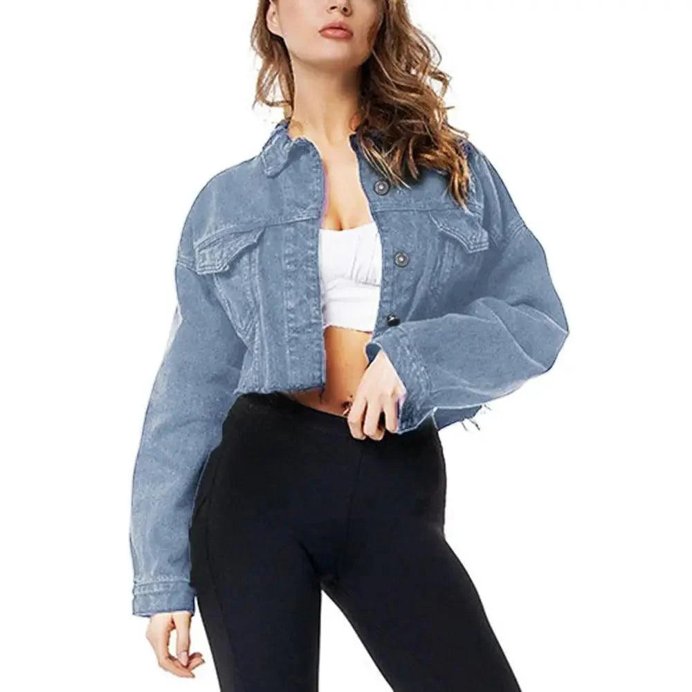 Stevvex women's ripped denim jacket with vintage style, casual short fit, puff sleeves, perfect for spring and streetwear fashion.