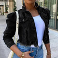 Stevvex women's ripped denim jacket with vintage style, casual short design, puff sleeves, perfect for spring and streetwear fashion.