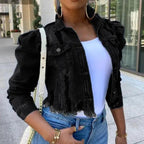 Stevvex women's ripped denim jacket with vintage style, casual short design, puff sleeves, perfect for spring and streetwear fashion.