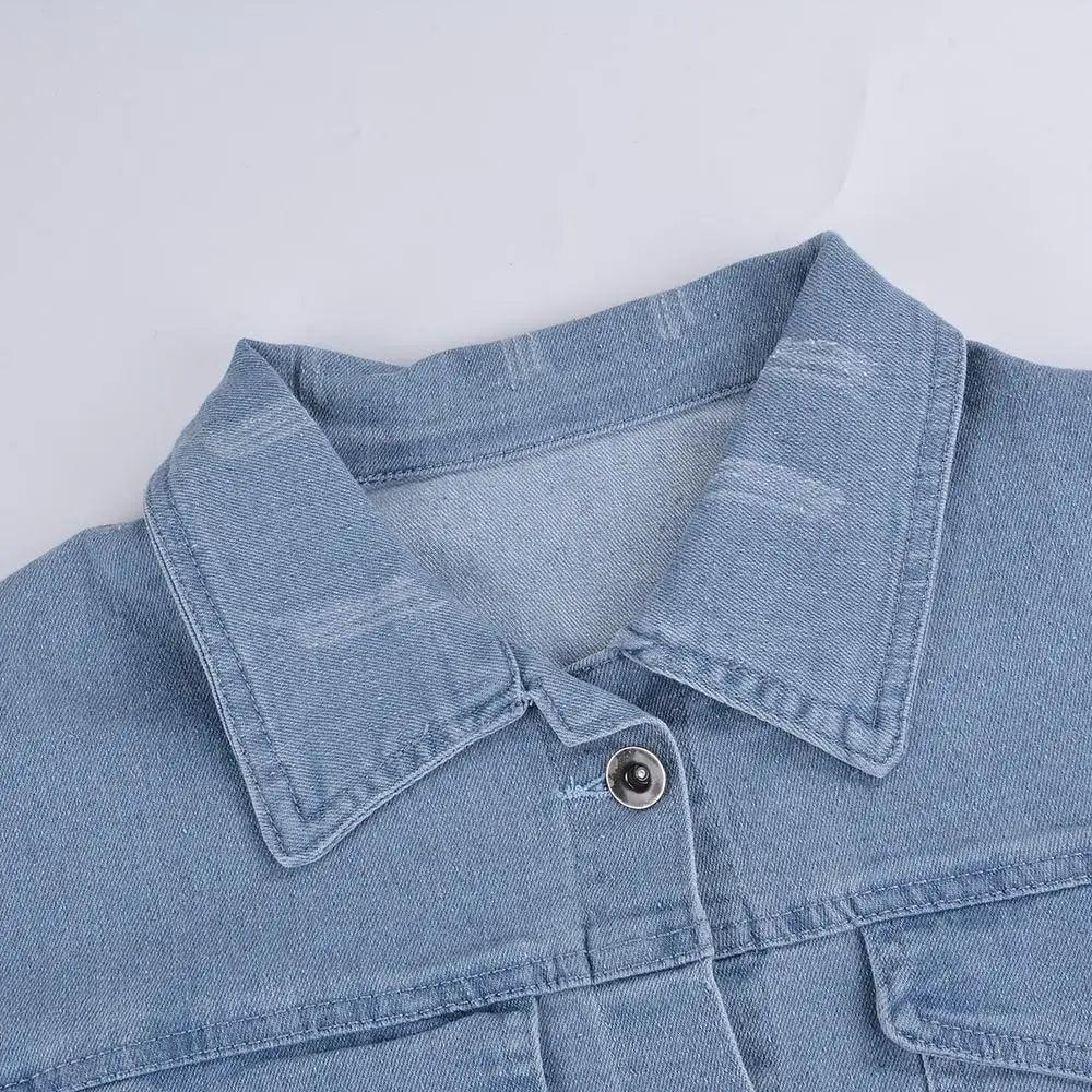 Stevvex women's ripped denim jacket with puff sleeves, vintage casual style, short jean coat for spring and winter streetwear.