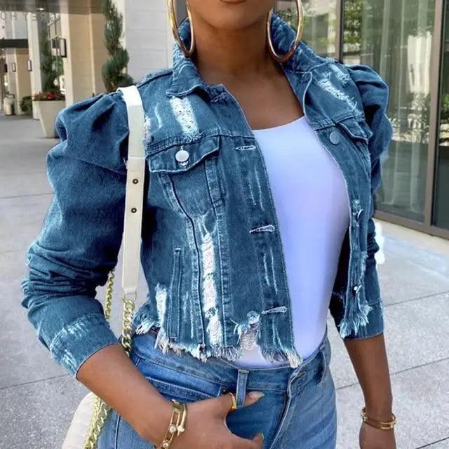 Stevvex women's vintage ripped denim jacket with puff sleeves, casual short jean style, perfect for spring streetwear.