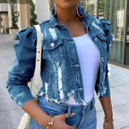 Stevvex women's vintage ripped denim jacket with puff sleeves, casual short jean style, perfect for spring streetwear.