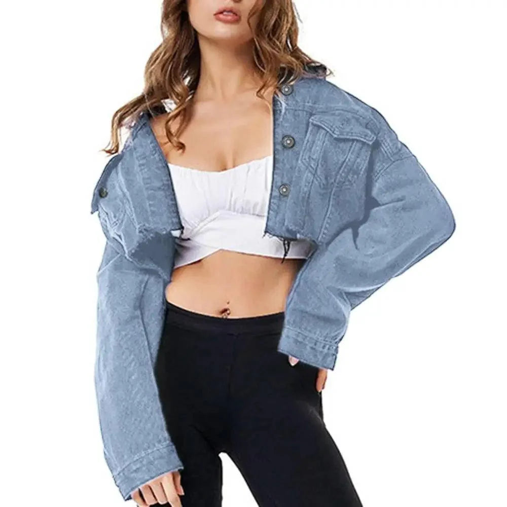 Stevvex women's ripped denim jacket with puff sleeves, vintage casual style, short jean coat for spring and winter wear.