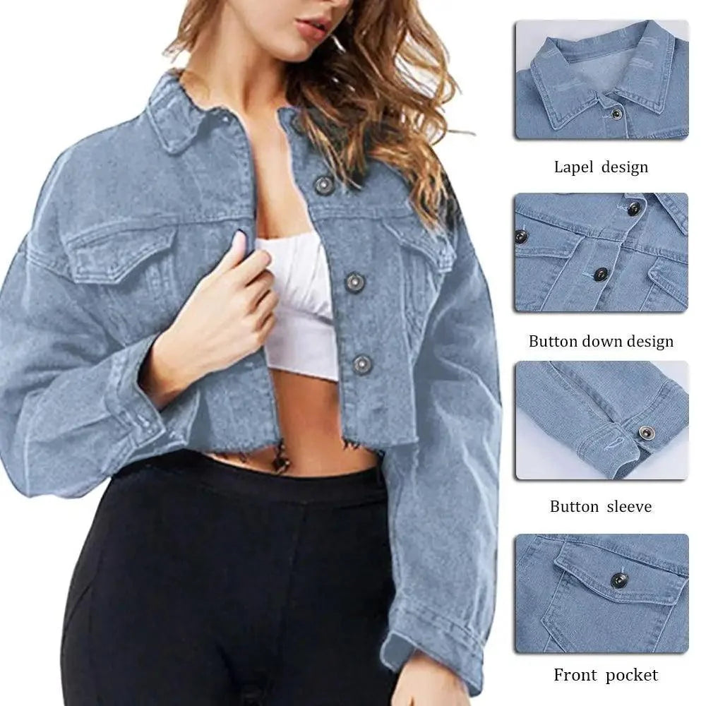 Stevvex women's ripped denim jacket with puff sleeves, vintage casual style, perfect for spring and winter streetwear fashion.