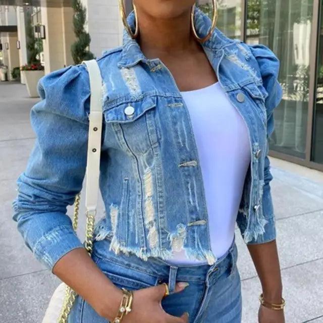 Women’s vintage ripped denim jacket with puff sleeves, casual short style, ideal for spring, by Plush Fashion Hub.