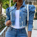Stevvex women's ripped denim jacket with vintage style, short casual fit, puff sleeves, perfect for spring and streetwear fashion.