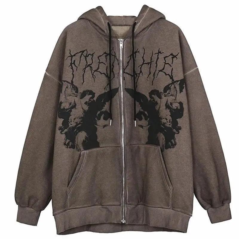Vintage hip hop streetwear hoodie for women with angel dark print, zipper jacket, hooded top, punk style, casual coat by Plush Fashion Hub.