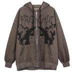 Vintage hip hop streetwear hoodie for women with angel dark print, zipper jacket, hooded top, punk style, casual coat by Plush Fashion Hub.