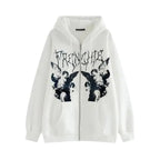 Vintage hip hop streetwear hoodie with angel dark print, zipper jacket, hooded top for women and men, trendy punk-inspired outerwear.