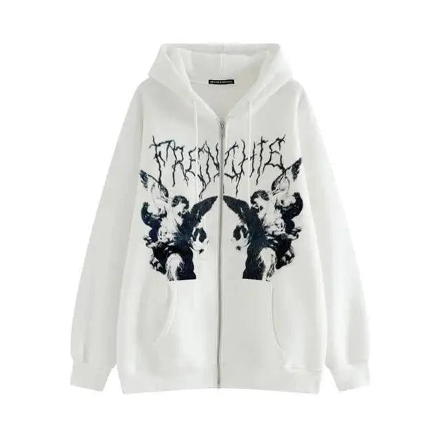 Vintage hip hop streetwear hoodie with angel dark print, zipper jacket, hooded top for women and men, trendy punk-inspired outerwear.