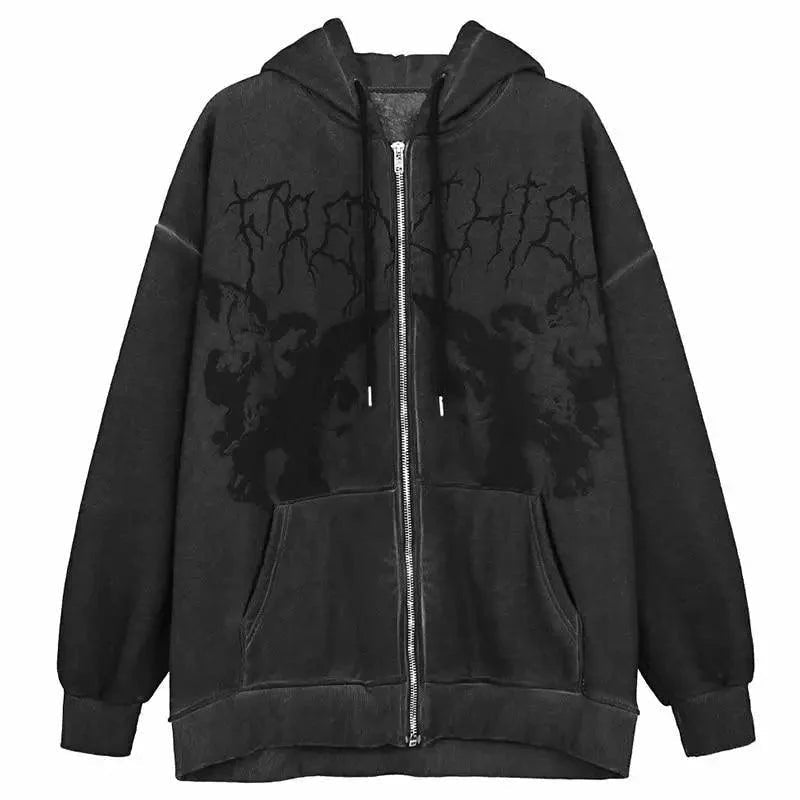 Vintage hip hop streetwear hoodie with angel dark print, zipper jacket, hooded top, unisex fashion, plush style for men and women.