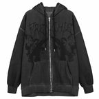 Vintage hip hop streetwear hoodie with angel dark print, zipper jacket, hooded top, unisex fashion, plush style for men and women.