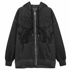 Vintage hip hop streetwear hoodie for women with angel dark print, zipper jacket, hooded top, stylish punk outwear by Plush Fashion Hub