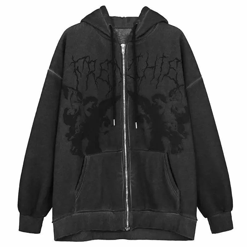 Vintage hip hop streetwear hoodie for women with angel dark print, zipper jacket, hooded top, stylish punk outwear by Plush Fashion Hub