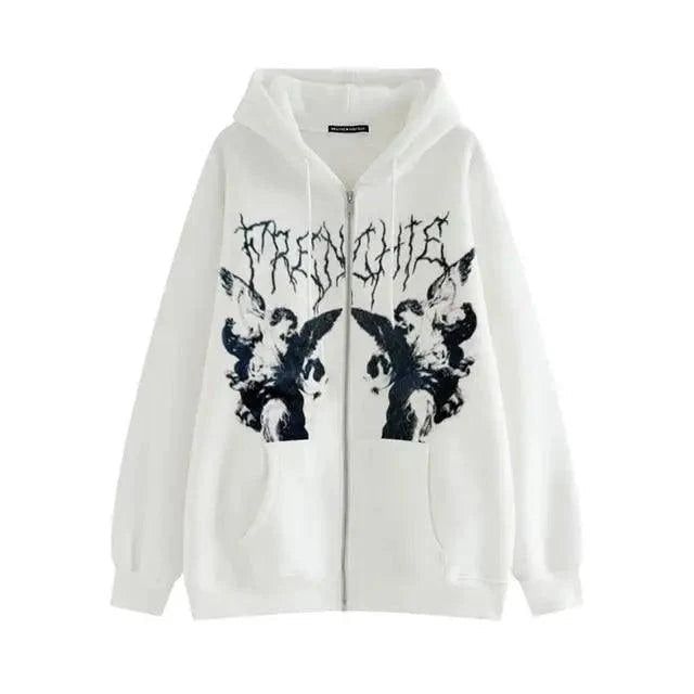 Vintage hip hop streetwear women hoodie with angel dark print, zipper closure, plush fashion hub, casual punk outwear coat with hood