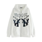 Vintage hip hop streetwear women hoodie with angel dark print, zipper closure, plush fashion hub, casual punk outwear coat with hood