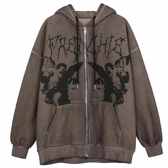 Vintage hip hop streetwear hoodie with angel dark print, zipper front, hooded coat for women and men, Plush Fashion Hub.
