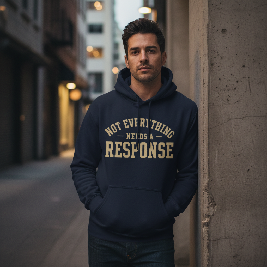 Hispanic male wearing the "Not Everything Needs a Response" hoodie from Wear Your Worship's Identity Line. Casual lifestyle shot.