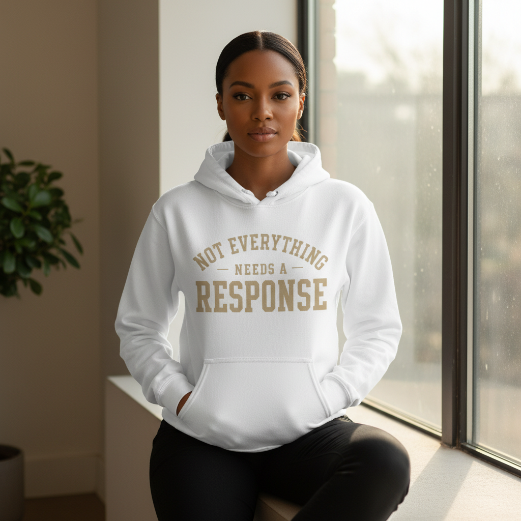 White hoodie from Wear Your Worship's Not Everything Needs a Response Identity Line, featuring a casual female lifestyle pose.