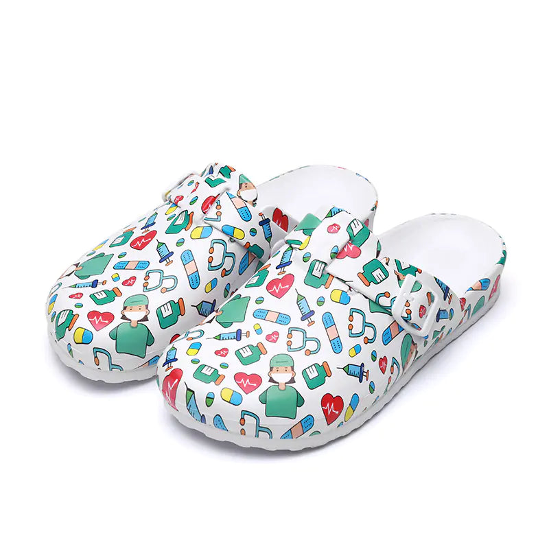 Colorful cartoon nurse-themed women's sandals by Trendy Attic Store01, featuring playful nurse character designs and comfortable slip-on style.