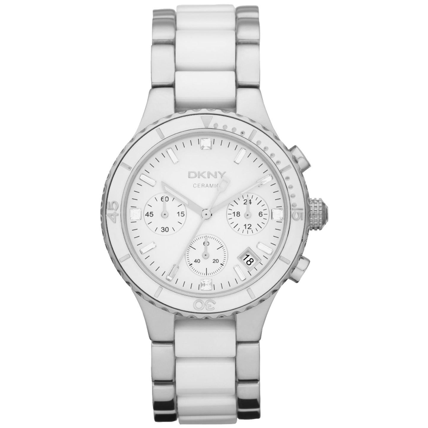 DKNY women's chronograph watch with white dial and silver strap, showcasing a stylish and elegant timepiece.