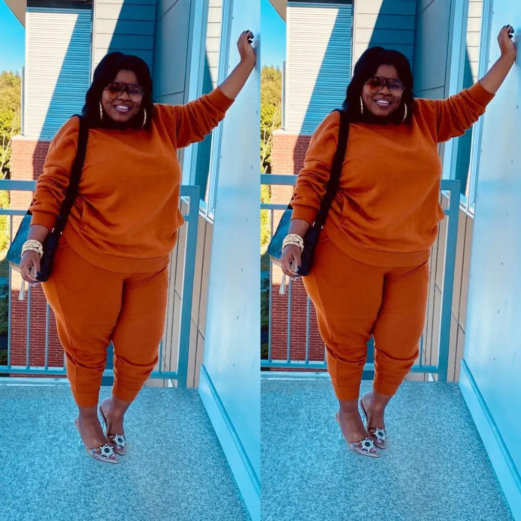 Plus size women's casual two-piece outfit from Trendy Attic Store01, featuring a comfortable top and matching pants.