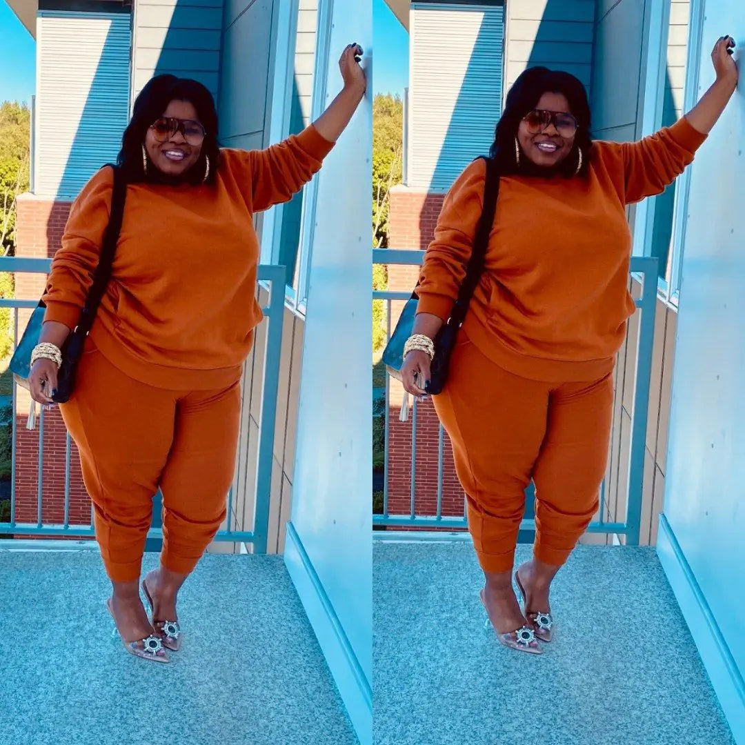 Plus size women's casual two-piece outfit by Plush Fashion Hub featuring a comfortable top and matching pants, stylish and relaxed fit.