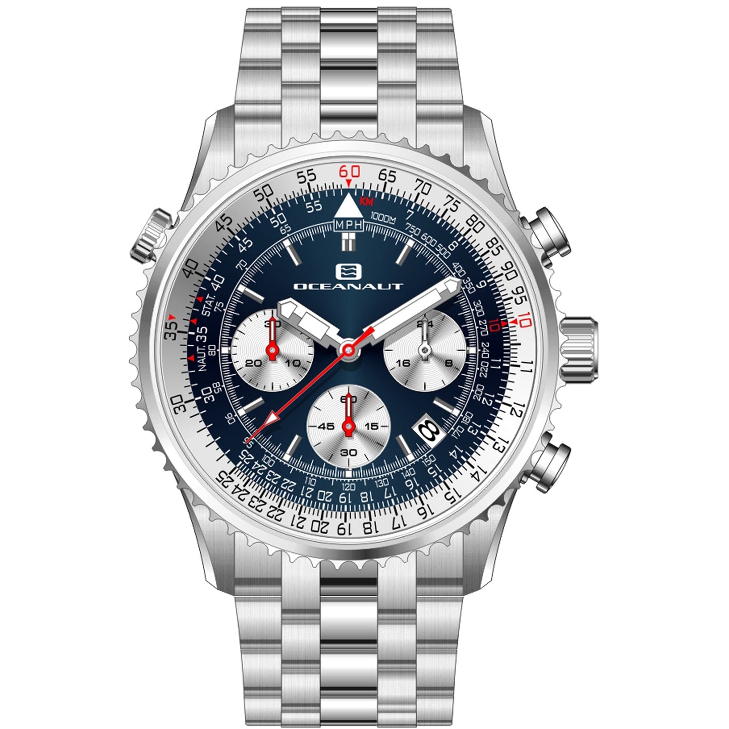 Oceanaut Men's Flight watch with black dial, stainless steel case, and leather strap, showcasing a sleek, modern design.
