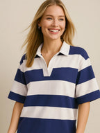 Women's Pima cotton color block Johnny collar half sleeve top by Plush Fashion Hub, featuring a stylish color block design and relaxed fit.