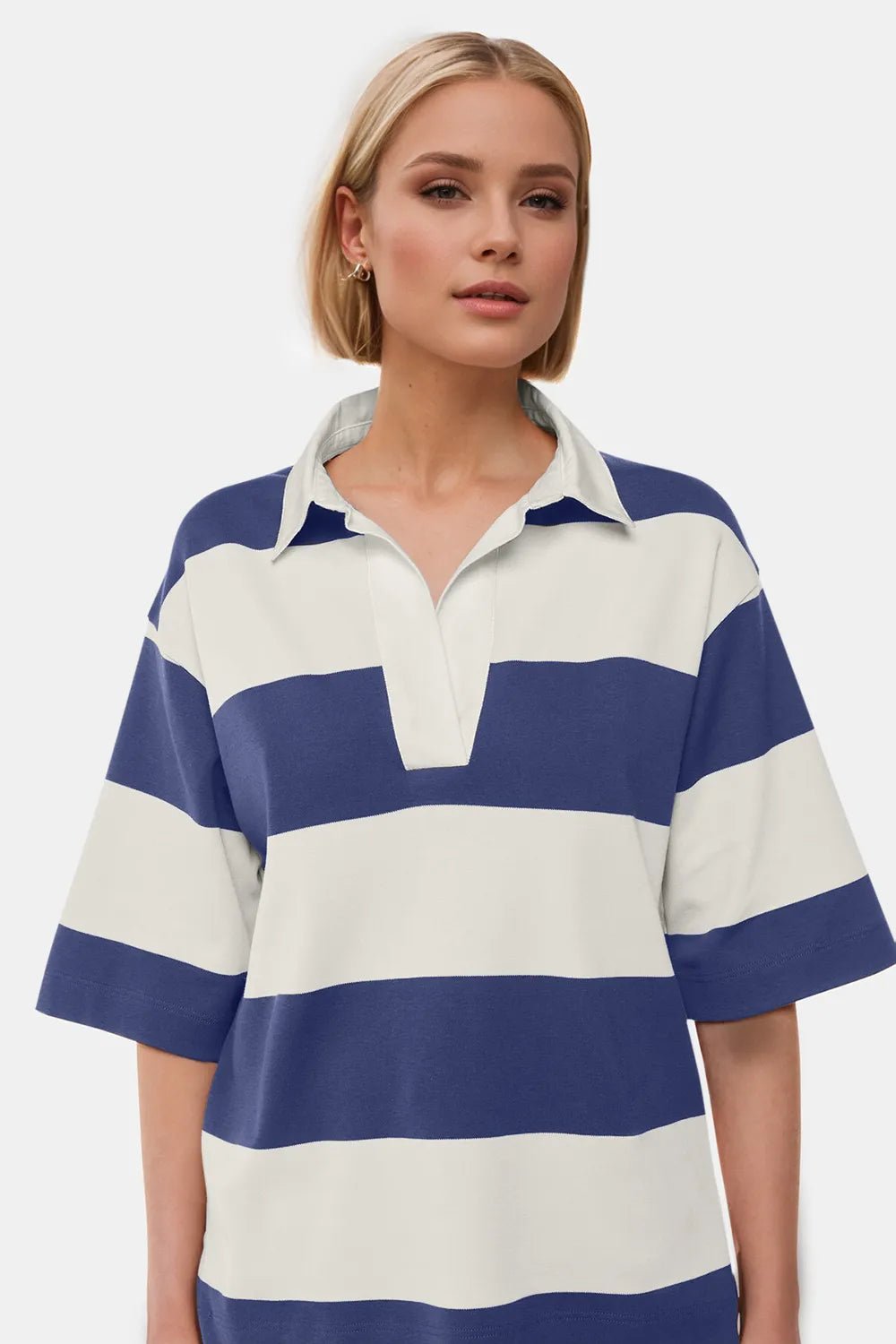 Women's Pima cotton color block Johnny collar half-sleeve top by Plush Fashion Hub, featuring a stylish design and soft fabric.
