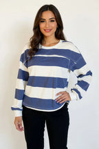 Women's striped Pima cotton long sleeve T-shirt with exposed seam detail, round neck, contrast stripes, from Trendsi.