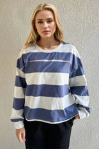 Women's striped Pima cotton long sleeve T-shirt with exposed seam detail, round neck, and contrast stripes, by Trendsi.