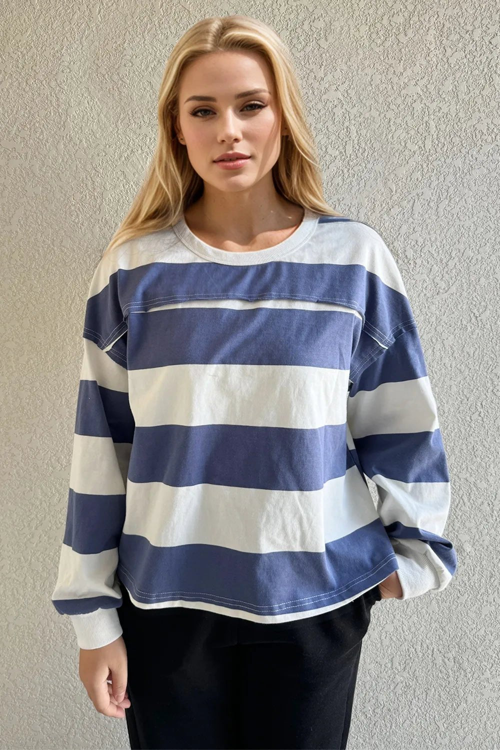 Women's striped Pima cotton long sleeve T-shirt with exposed seam detail, round neck, and contrast stripes, by Trendsi.