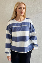 Women's striped Pima cotton long sleeve T-shirt with exposed seam detail, round neck, and contrast design from Trendsi.