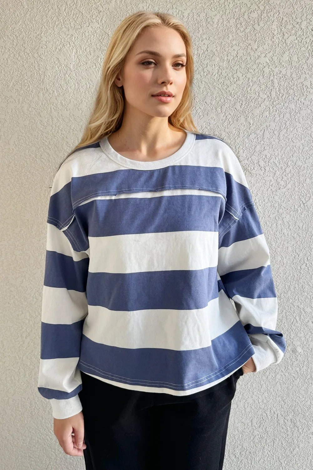 Women's striped Pima cotton long sleeve T-shirt with exposed seam detail, round neck, and contrast design from Trendsi.
