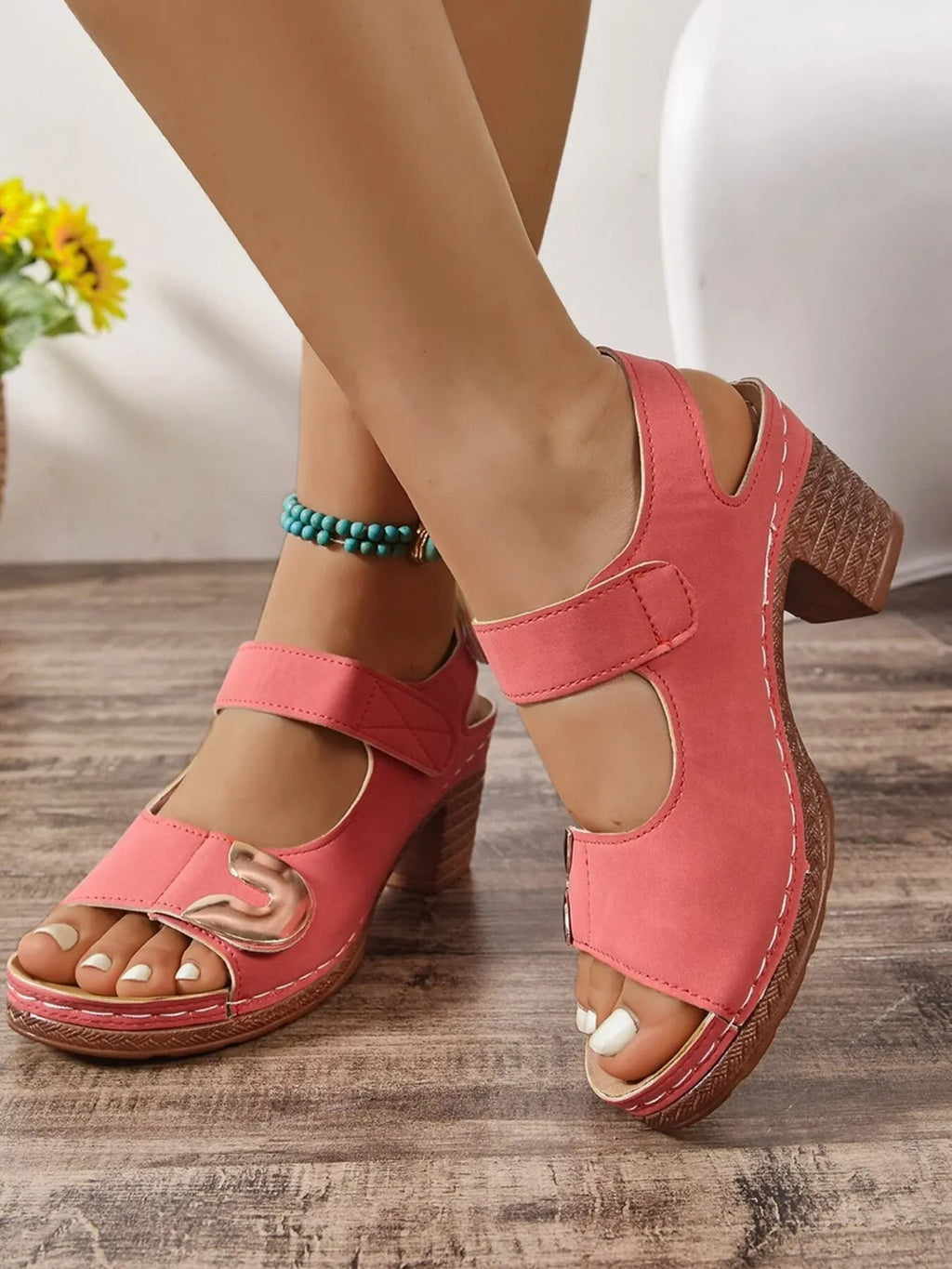 Women's open toe block heel sandals in faux leather with mid-heel height, stylish and comfortable for casual or dressy wear.