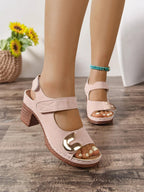 Women's open toe block heel sandals with faux leather straps and mid-heel height, stylish and comfortable for casual or dressy wear.