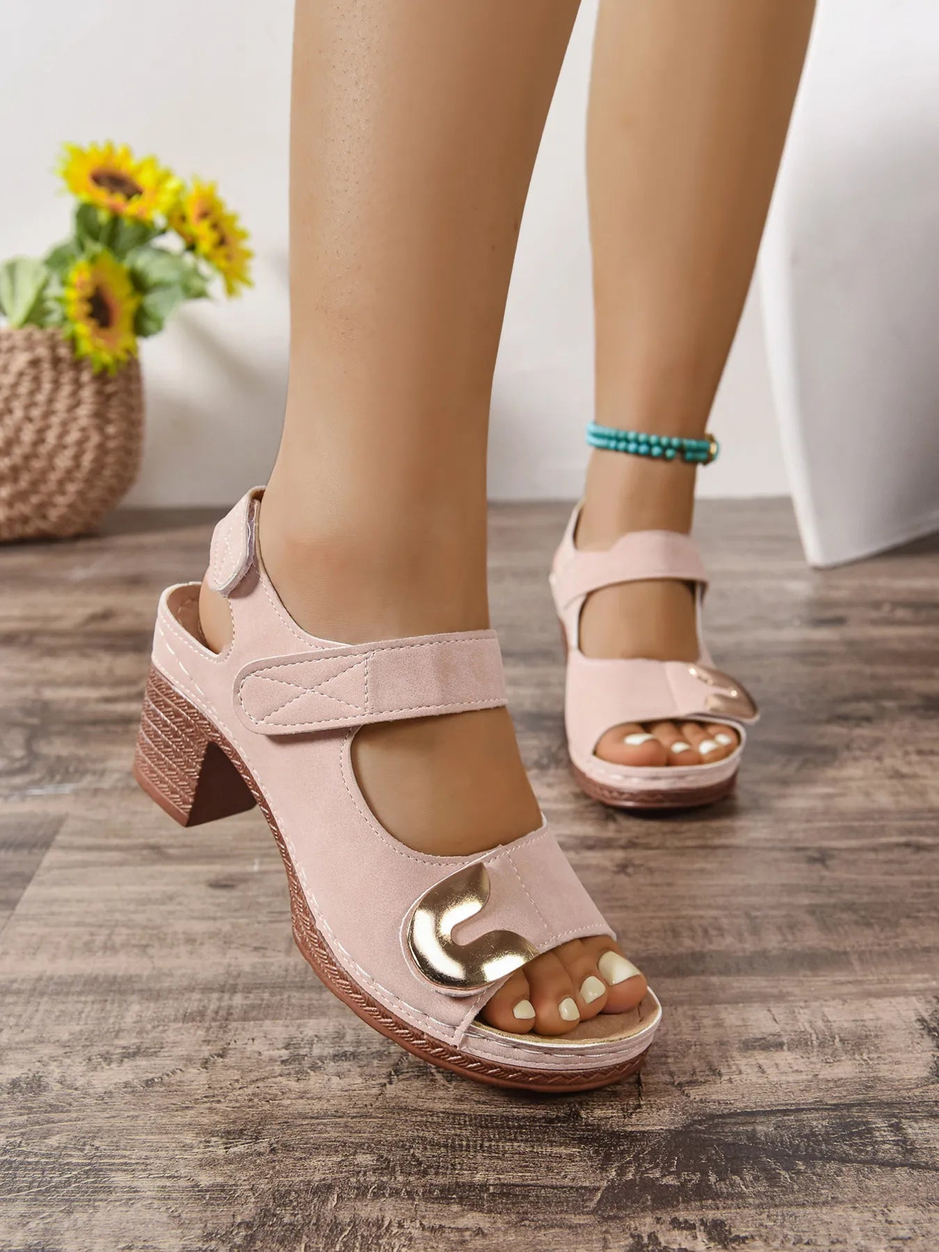 Women's open toe block heel sandals with faux leather straps and mid-heel height, stylish and comfortable for casual or dressy wear.