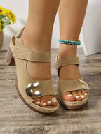 Women's open toe block heel sandals in faux leather with a mid-height heel, stylish and comfortable for casual or dressy wear.