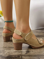 Women's open toe block heel sandals by Trendsi featuring faux leather straps and a comfortable mid-heel design.