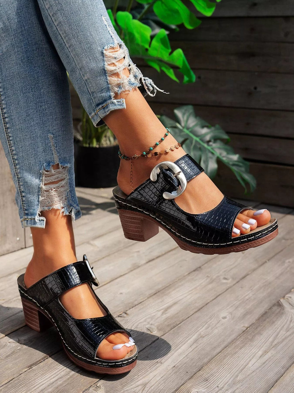 Women's faux leather open toe block heel sandals with mid-heel height, stylish and comfortable trendy shoes.