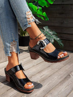Women's faux leather open toe block heel sandals with mid-heel height, stylish and comfortable trendy shoes.