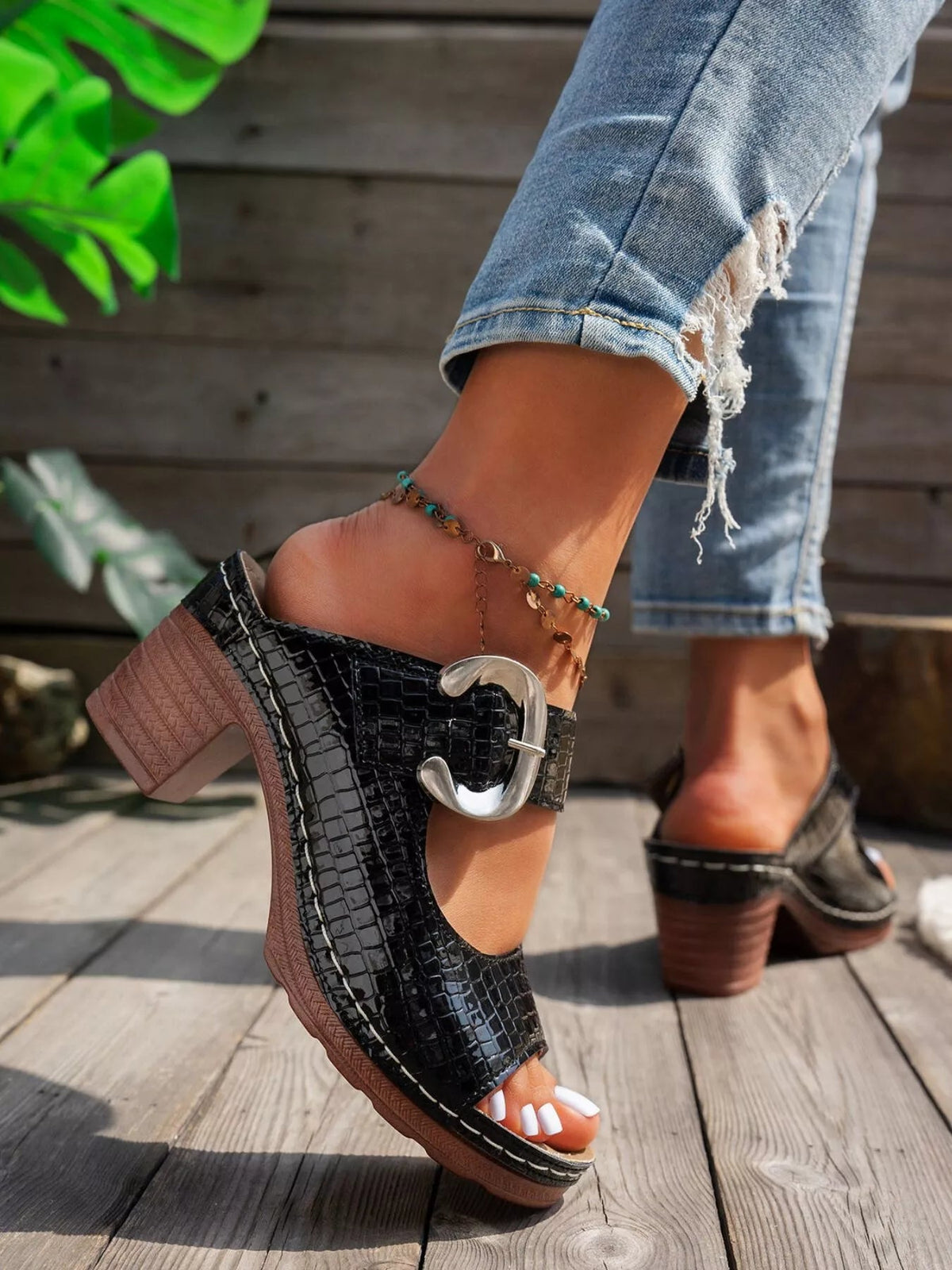 Women’s open toe faux leather block heel sandals by Plush Fashion Hub, showcasing stylish mid-heel shoes with a modern design.