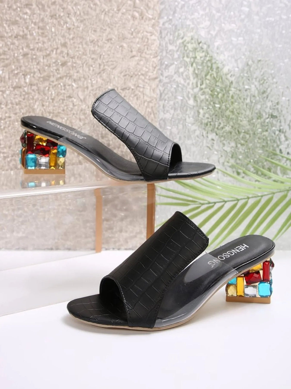 Colorful open-toe block heel sandals made of PU leather from Plush Fashion Hub, showcasing vibrant straps and sturdy heel.