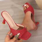 Women's open toe flare heel sandals in faux leather with mid-heel design, stylish and comfortable footwear by Trendsi.