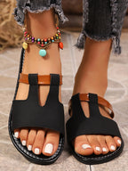Women's vegan leather open toe flat sandals by Trendsi, featuring a stylish design and comfortable fit for summer wear.
