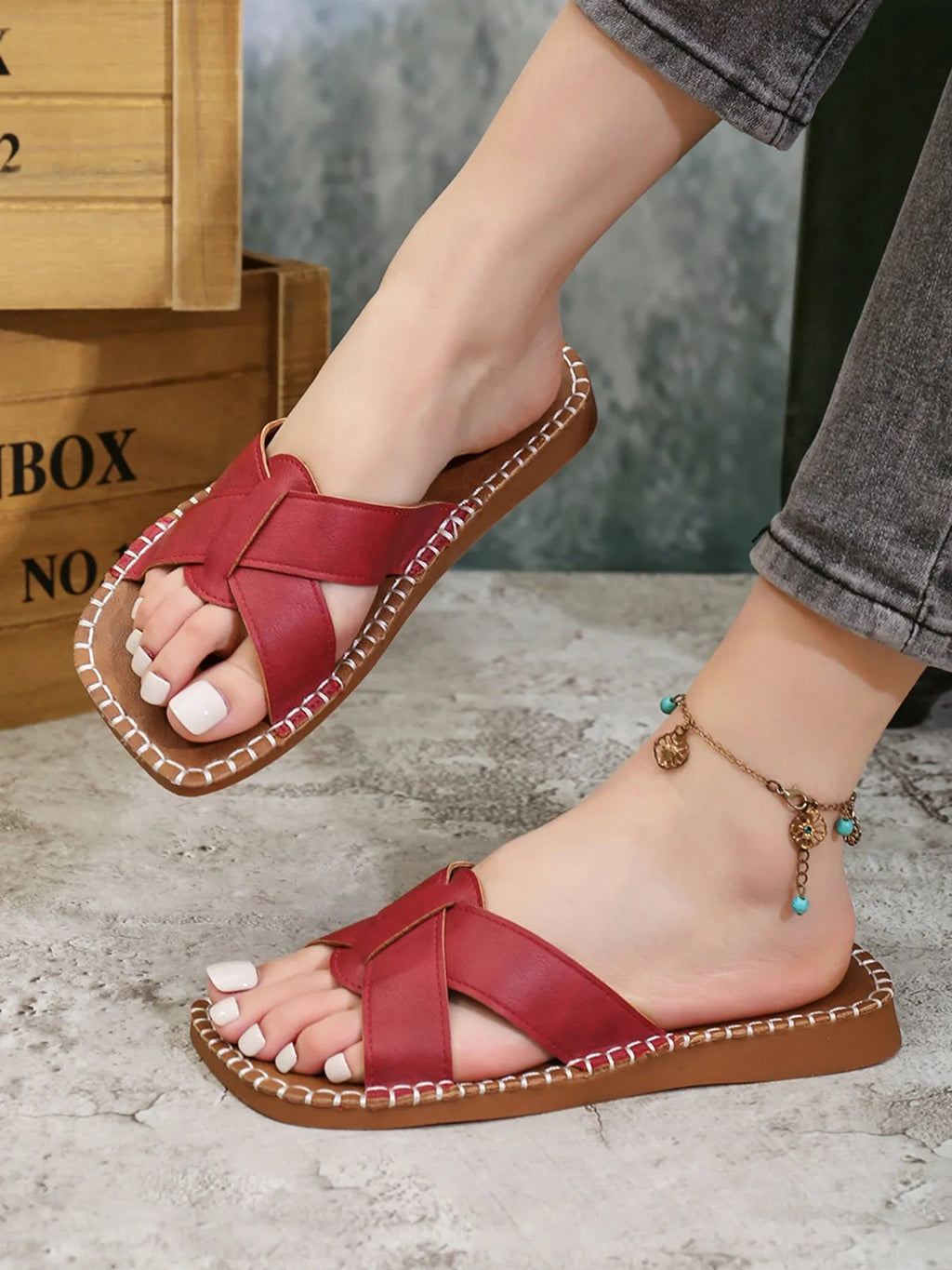 Women's open toe PU leather flat sandals with comfort design, perfect for summer footwear.