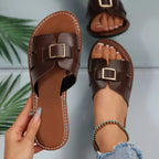 Women's open-toe flat sandals made of PU leather by Plush Fashion Hub, featuring a comfortable design and stylish open-toe style.
