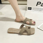 Beige women's H-strap open toe flat sandals with square toes and slip-on design, ideal for casual summer wear