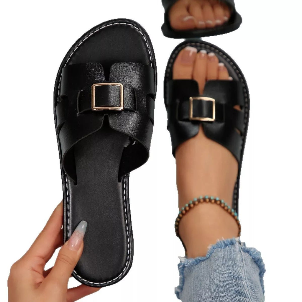 Women's comfortable PU leather open toe flat sandals by Plush Fashion Hub, featuring a stylish open-toe design and slip-on style.